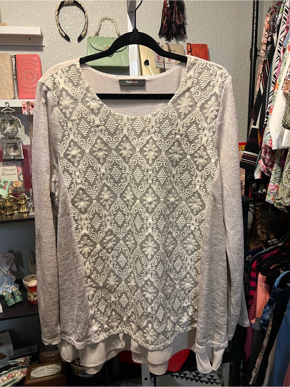 Style & Co. Cream Embroidered Lace-Front Long Sleeve Top